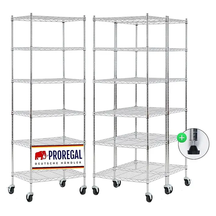 Proregal Metallregal 3er Set Gitterregal HADES mit Rollen - H x B x T: 160 x 60 x 40 cm, Traglast pro Boden: 75 kg, Anzahl Böden: 6 Stk., Stecken, Chrom Silber - Zwei verchromte Drahtregale mit mehreren Böden und Rollen, inklusive verstellbarer Nivellierfüße.