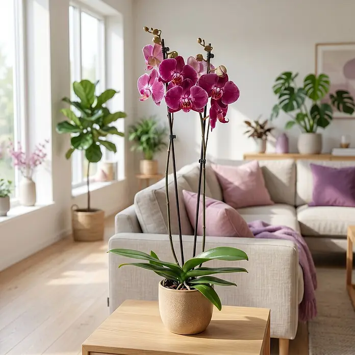 Piardino Schmetterlingsorchidee 2 Risper Malwina - Phalaenopsis Hybride, Topfgröße: 12 cm, Magenta mit helleren Akzenten - Eine magentafarbene Orchidee in einem strukturierten beigen Topf auf einem hellen Holztisch in einem Wohnzimmer.