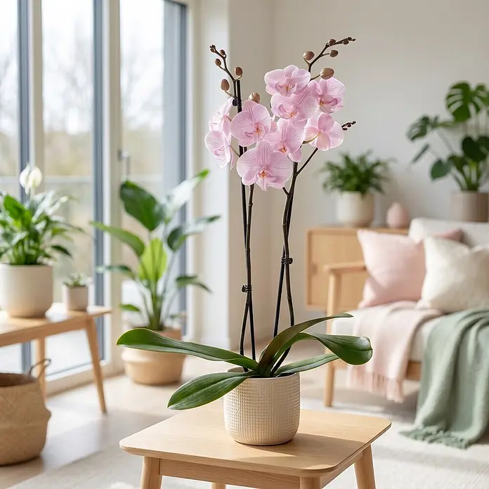 Piardino Schmetterlingsorchidee 2 Risper Ambon - Phalaenopsis Hybride, Topfgröße: 12 cm, Hellpink - Eine leuchtend rosa Orchidee in einem cremefarbenen strukturierten Topf steht auf einem hellen Holztisch und schmückt ein helles Wohnzimmer.
