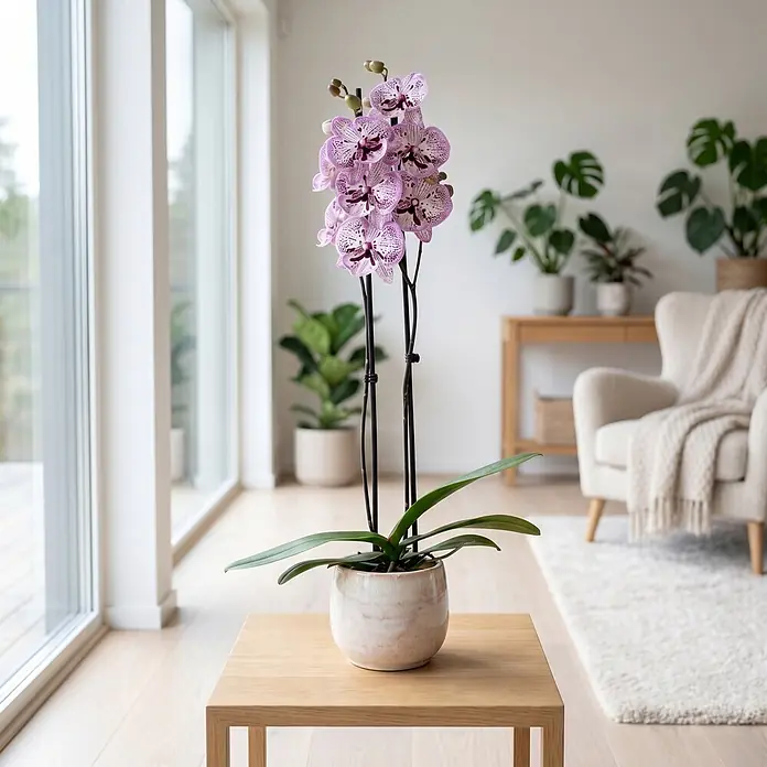 Piardino Schmetterlingsorchidee 2 Risper Grace - Phalaenopsis Hybride, Topfgröße: 12 cm, Weiß mit violett-pinken Sprenkeln - Topf-Orchidee mit lila-weiß gesprenkelten Blüten auf einem Holztisch in einem hellen Raum.