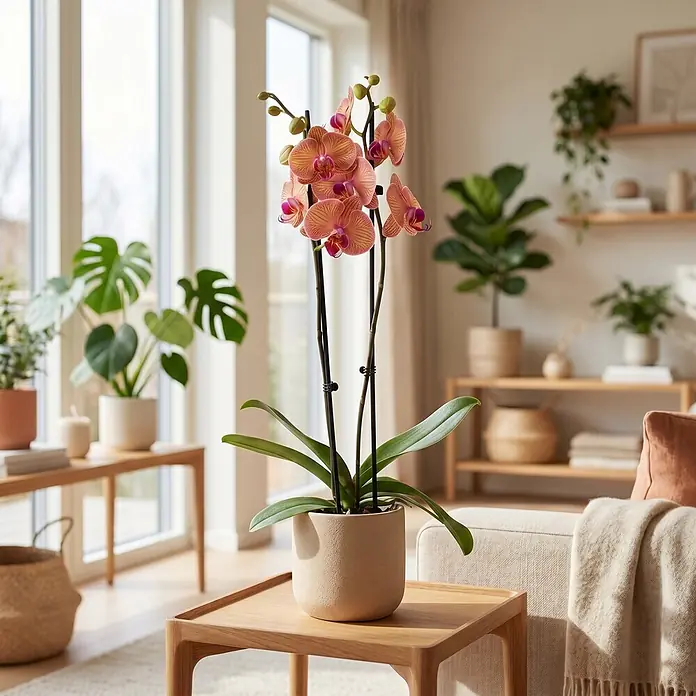 Piardino Schmetterlingsorchidee 2 Risper Helena - Phalaenopsis Hybride, Topfgröße: 12 cm, Apricot mit fein gezeichnetem Zentrum - Eine leuchtend pink-orange Orchidee in einem strukturierten beigen Topf auf einem hellen Holztisch in einem Wohnzimmer.