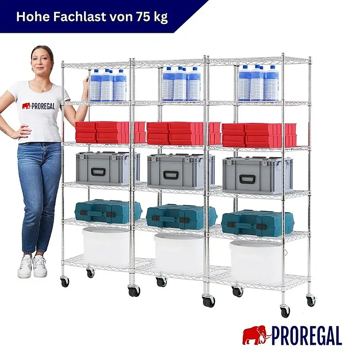 Proregal Metallregal 3er Set Gitterregal HADES mit Rollen - H x B x T: 160 x 60 x 40 cm, Traglast pro Boden: 75 kg, Anzahl Böden: 6 Stk., Stecken, Chrom Silber - Verchromtes Regal auf Rollen, mit 75 kg Fachlast, gefüllt mit Lagerboxen und einer Frau daneben.