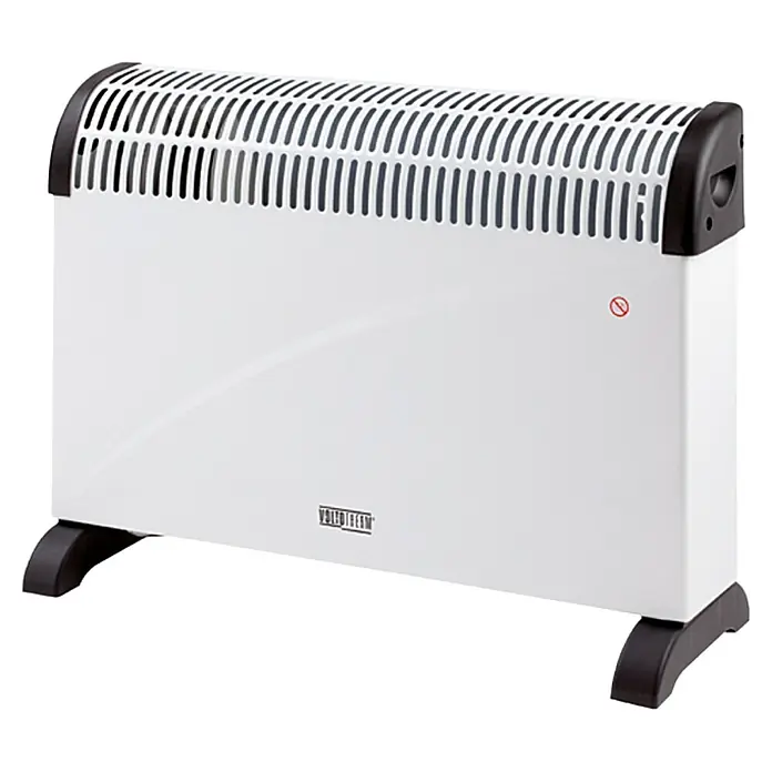 Voltomat HEATING Convector - 2.000 W, 62,5 x 14 x 44 cm, Blanco - Un radiador de convección blanco con detalles y pies negros, ideal para calentar espacios habitables de manera eficiente.