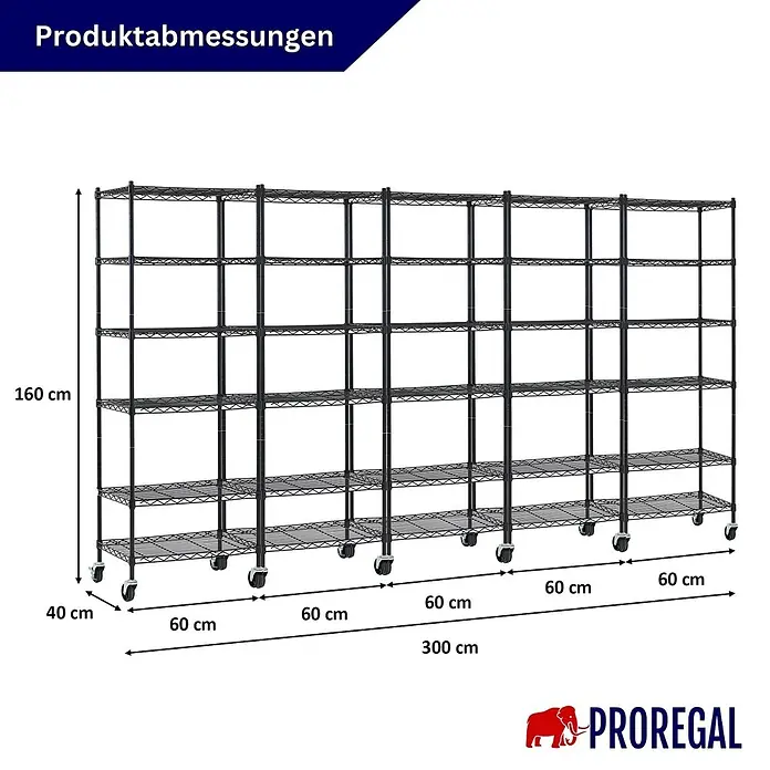 Proregal Metallregal 5er Set Gitterregal HADES mit Rollen - H x B x T: 160 x 60 x 40 cm, Traglast pro Boden: 75 kg, Anzahl Böden: 6 Stk., Stecken, Schwarz - Schwarzmetall-Drahtregal auf Rollen, 160 cm hoch, 300 cm lang, 40 cm tief.