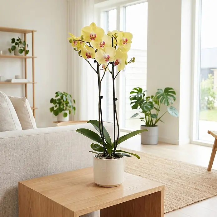 Piardino Schmetterlingsorchidee 2 Risper Limelight - Phalaenopsis Hybride, Topfgröße: 12 cm, Gelb mit rötlich-violettem Zentrum - Eine leuchtend gelbe Orchidee in einem hellen Keramiktopf steht auf einem Holztisch neben einem Sofa im Wohnzimmer.