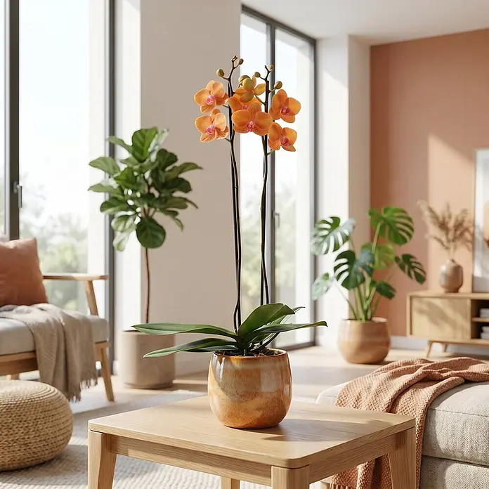Piardino Schmetterlingsorchidee 2 Risper Tamara - Phalaenopsis Hybride, Topfgröße: 12 cm, Orange mit Gelb- und Rotnuancen - Orange Orchidee in strukturiertem Topf auf Holztisch, verschönert hellen Wohnraum.