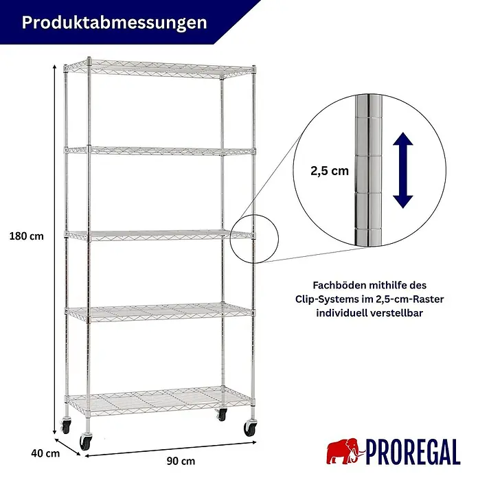 Proregal Metallregal Gitterregal HADES mit Rollen - H x B x T: 180 x 90 x 40 cm, Traglast pro Boden: 75 kg, Anzahl Böden: 5 Stk., Stecken, Chrom Silber - Verchromtes Metallregal auf Rollen, 180x90x40 cm, mit Böden im 2,5-cm-Raster verstellbar.