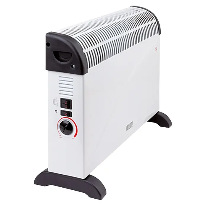 Voltomat HEATING Convector - 2.000 W, 62,5 x 14 x 44 cm, Blanco - Un radiador blanco independiente con marco negro y pies negros.