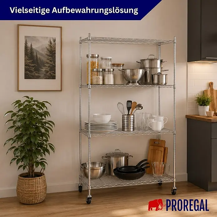 Proregal Metallregal 4er Set Gitterregal HADES mit Rollen - Traglast pro Boden: 75 kg, Anzahl Böden: 4 Stk., Stecken, Chrom Silber - Fünfstufiges verchromtes Drahtregal auf Rollen, organisiert mit Küchenutensilien in moderner Küche.