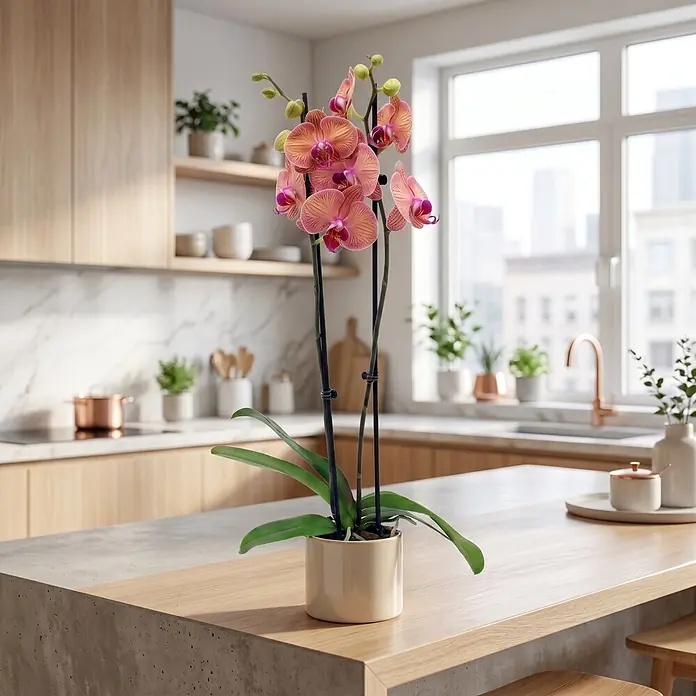 Piardino Schmetterlingsorchidee 2 Risper Helena - Phalaenopsis Hybride, Topfgröße: 12 cm, Apricot mit fein gezeichnetem Zentrum - Eine lebendige pink-orangefarbene Phalaenopsis-Orchidee in einem beigefarbenen Keramiktopf auf einer hellen Holzinsel in einer modernen Küche.