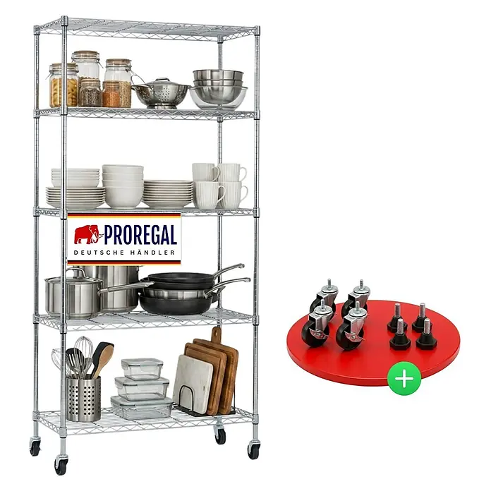 Proregal Metallregal Gitterregal HADES mit Rollen - H x B x T: 180 x 90 x 40 cm, Traglast pro Boden: 75 kg, Anzahl Böden: 5 Stk., Stecken, Chrom Silber - Verchromtes Drahtregal mit Küchenutensilien, ergänzt durch Rollen und verstellbare Füße für vielseitigen Einsatz.