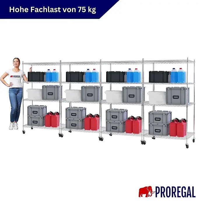Proregal Metallregal 4er Set Gitterregal HADES mit Rollen - Traglast pro Boden: 75 kg, Anzahl Böden: 4 Stk., Stecken, Chrom Silber - Großes verchromtes Schwerlastregal auf Rollen mit Lagerbehältern. Jedes Regal trägt 75 kg. Frau zur Skalierung.