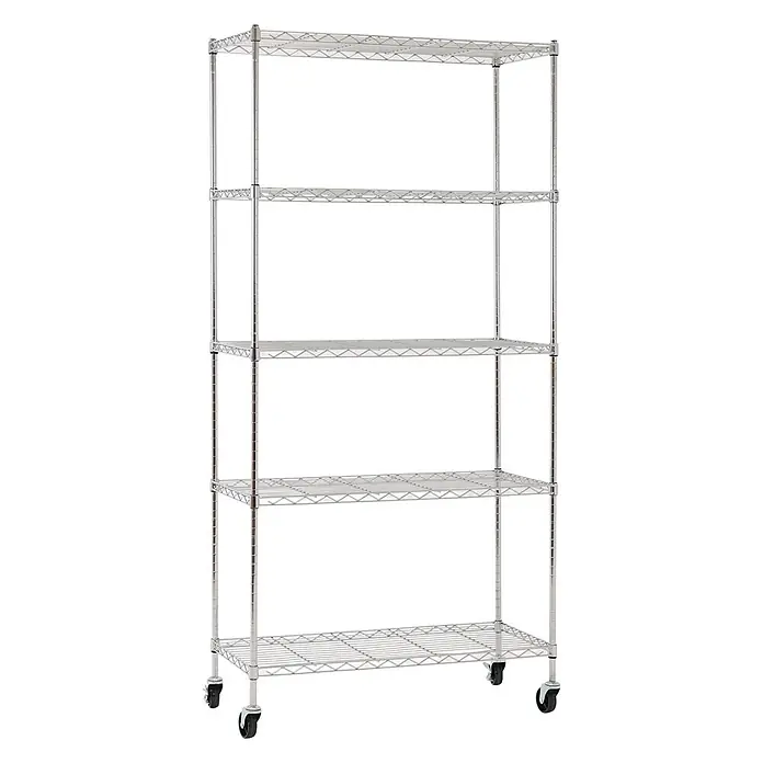 Proregal Metallregal Gitterregal HADES mit Rollen - H x B x T: 180 x 90 x 40 cm, Traglast pro Boden: 75 kg, Anzahl Böden: 5 Stk., Stecken, Chrom Silber - Verchromtes Drahtregal mit 5 verstellbaren Ablagen auf Rollen, ideal für Küche oder Garage.