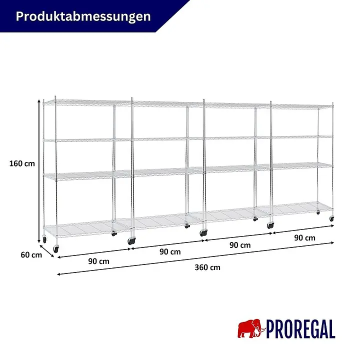 Proregal Metallregal 4er Set Gitterregal HADES mit Rollen - Traglast pro Boden: 75 kg, Anzahl Böden: 4 Stk., Stecken, Chrom Silber - Verchromtes Drahtregal auf Rollen, 160 cm hoch, 360 cm breit, 60 cm tief.