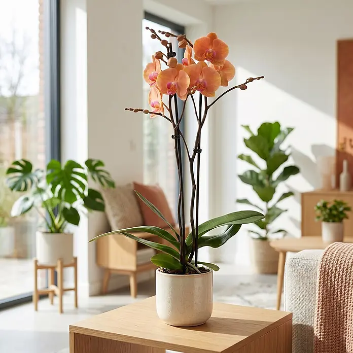 Piardino Schmetterlingsorchidee 2 Risper Menton - Phalaenopsis Hybride, Topfgröße: 12 cm, Apricot-orange mit rosa Einschlag - Eine orange Phalaenopsis-Orchidee in einem hellen Keramiktopf auf einem Holzbeistelltisch, die ein helles Wohnzimmer schmückt.