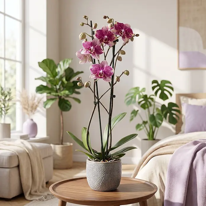 Piardino Schmetterlingsorchidee 2 Risper Rombley - Phalaenopsis Hybride, Topfgröße: 12 cm, Pink-violett mit heller Sprenkelung - Eine lebendige Phalaenopsis-Orchidee mit lila-weiß gesprenkelten Blüten und vielen Knospen in einem grauen Topf, in einem hellen Wohnraum.