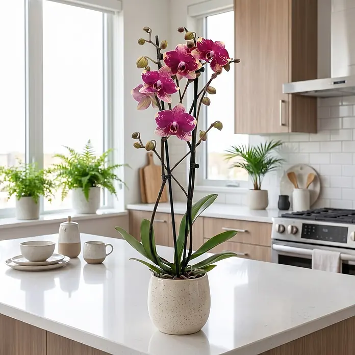 Piardino Schmetterlingsorchidee 2 Risper Rombley - Phalaenopsis Hybride, Topfgröße: 12 cm, Pink-violett mit heller Sprenkelung - Eine leuchtend pink-gelbe Orchideenpflanze in einem gesprenkelten weißen Topf steht auf einer modernen Kücheninsel.