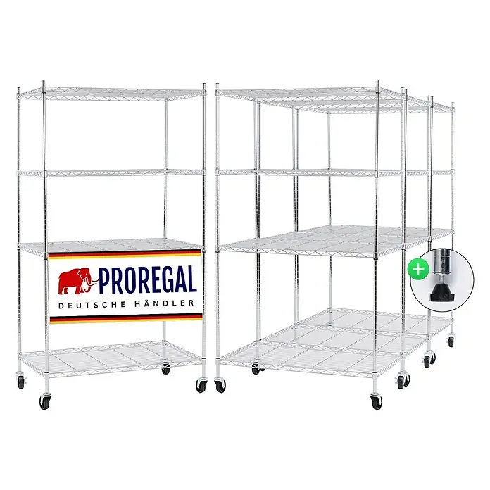 Proregal Metallregal 4er Set Gitterregal HADES mit Rollen - Traglast pro Boden: 75 kg, Anzahl Böden: 4 Stk., Stecken, Chrom Silber - Zwei modulare Chrom-Drahtregaleinheiten mit Rollen und einem verstellbaren Nivellierfuß im Detail.