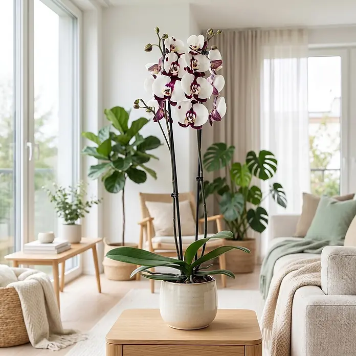 Piardino Schmetterlingsorchidee 2 Risper Polka Dots - Phalaenopsis Hybride, Topfgröße: 12 cm, Weiß mit dunkelvioletten Punkten - Weiße und violette Orchidee im cremefarbenen Topf auf hellem Holztisch, die ein modernes Wohnzimmer schmückt.