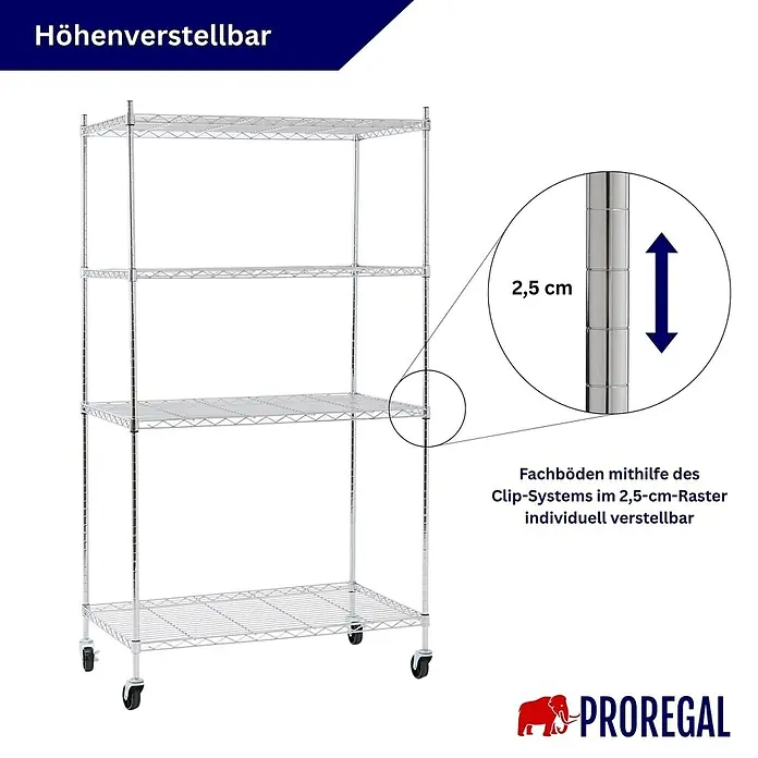 Proregal Metallregal 4er Set Gitterregal HADES mit Rollen - Traglast pro Boden: 75 kg, Anzahl Böden: 4 Stk., Stecken, Chrom Silber - Höhenverstellbares, verchromtes Metall-Drahtregal auf Rollen, Fachböden in 2,5 cm Schritten verstellbar.