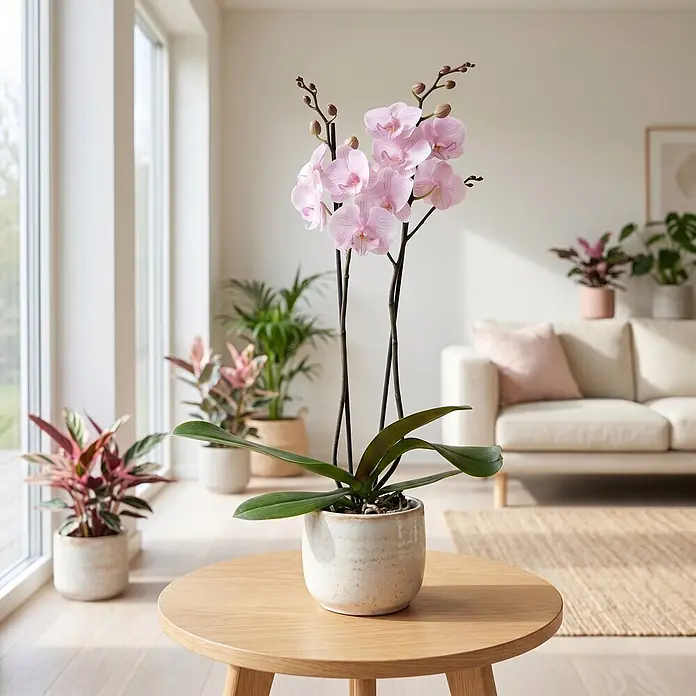 Piardino Schmetterlingsorchidee 2 Risper Ambon - Phalaenopsis Hybride, Topfgröße: 12 cm, Hellpink - Eine leuchtend rosa Orchidee in einem cremefarbenen Keramiktopf auf einem Holztisch in einem hellen Wohnzimmer.