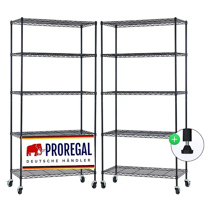 Proregal Metallregal 2er Set Gitterregal HADES mit Rollen - H x B x T: 180 x 90 x 40 cm, Traglast pro Boden: 75 kg, Anzahl Böden: 5 Stk., Stecken, Schwarz - Zwei schwarze Metallgitterregale mit je 5 Böden, Rollen und einer Option für verstellbare Füße. Eine Einheit zeigt ein PROREGAL-Banner.