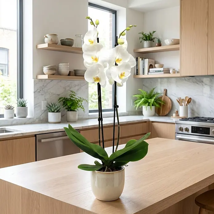 Piardino Schmetterlingsorchidee 2 Risper Krystina - Phalaenopsis Hybride, Topfgröße: 12 cm, Weiß mit gelbemn Zentrum - Weiße Orchideenpflanze mit Blüten und Knospen in einem cremefarbenen Topf, schmückt eine moderne Kücheninsel.