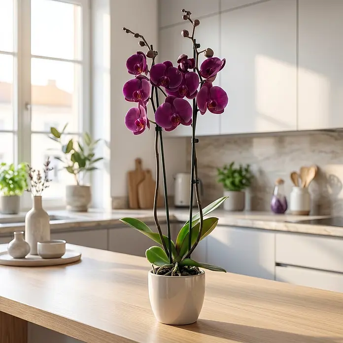Piardino Schmetterlingsorchidee 2 Risper Joyride - Phalaenopsis Hybride, Topfgröße: 12 cm, Dunkelviolett - Eine leuchtende lila Orchideenpflanze mit vielen Blüten und grünen Blättern in einem weißen Topf, auf einer Holzarbeitsplatte in einer hellen Küche.