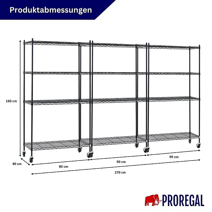 Proregal Metallregal 3er Set Gitterregal HADES mit Rollen - H x B x T: 160 x 90 x 40 cm, Traglast pro Boden: 75 kg, Anzahl Böden: 4 Stk., Stecken, Schwarz - Schwarzes Metall-Drahtregal auf Rollen, Maße: 160cm H, 40cm T, 270cm B (drei 90cm Abschnitte).