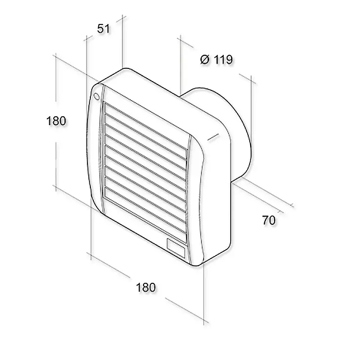 Air-Circle Wandventilator Air Style - Weiß, 12,5 cm, Timer - Abbildung eines Abluftventilators mit Maßangaben. Der Lüfter ist quadratisch und hat eine runde Öffnung auf der Rückseite.