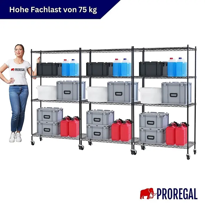Proregal Metallregal 3er Set Gitterregal HADES mit Rollen - H x B x T: 160 x 90 x 40 cm, Traglast pro Boden: 75 kg, Anzahl Böden: 4 Stk., Stecken, Schwarz - Schwarzes Drahtregal mit Frau als Maßstab, beladen mit Aufbewahrungsboxen. Hohe Fachlast von 75 kg.