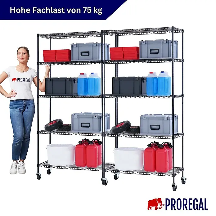 Proregal Metallregal 2er Set Gitterregal HADES mit Rollen - H x B x T: 180 x 90 x 40 cm, Traglast pro Boden: 75 kg, Anzahl Böden: 5 Stk., Stecken, Schwarz - Schwarzes Drahtregal mit mehreren Böden, gezeigt mit einer Frau zur Größenanzeige und 75 kg Traglast.