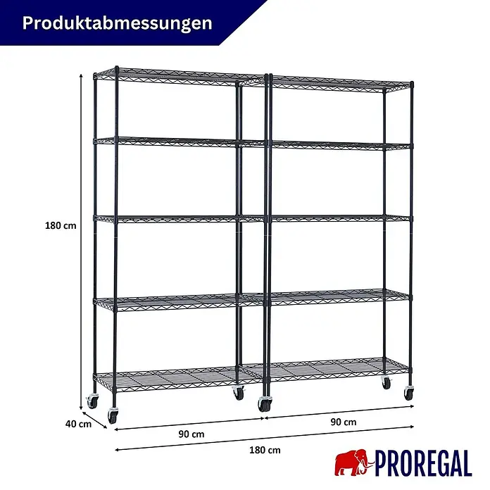 Proregal Metallregal 2er Set Gitterregal HADES mit Rollen - H x B x T: 180 x 90 x 40 cm, Traglast pro Boden: 75 kg, Anzahl Böden: 5 Stk., Stecken, Schwarz - Schwarzes Metallregal mit 5 Ablagen auf Rollen, Maße (180x180x40 cm) dargestellt.