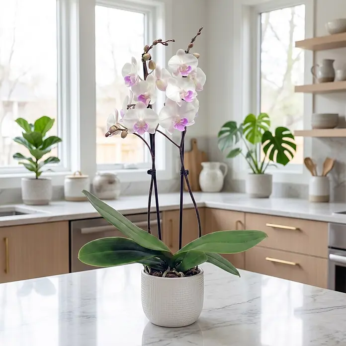 Piardino Schmetterlingsorchidee 2 Risper Mia - Phalaenopsis Hybride, Topfgröße: 12 cm, Schneeweiße mit dezentem violett-gelbem Zentrum - Eine lebhafte weiß-violette Orchidee in einem strukturierten weißen Topf steht als Mittelpunkt auf einer hellen Marmor-Kücheninsel, umgeben von natürlichem Licht.
