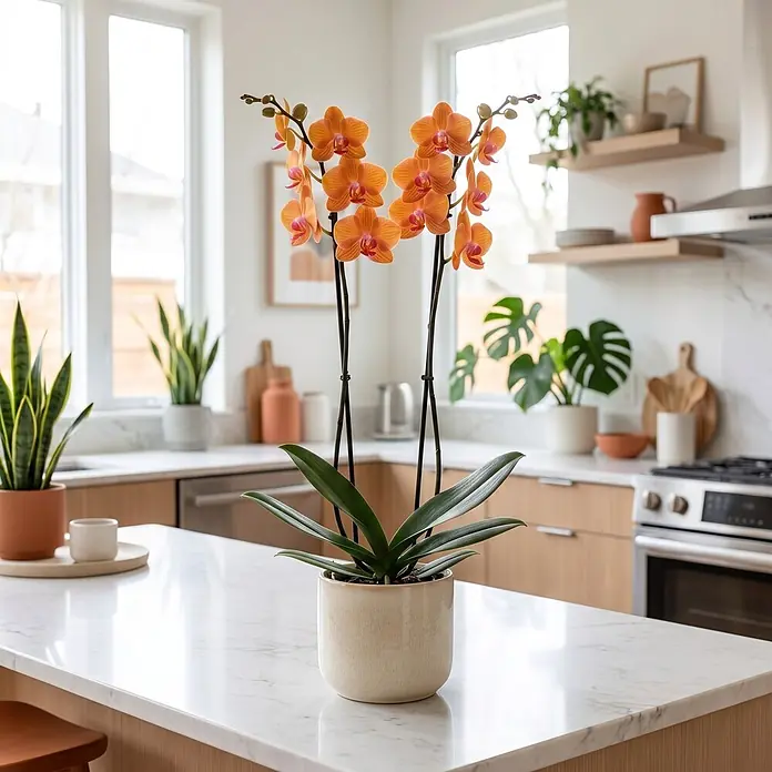Piardino Schmetterlingsorchidee 2 Risper Tamara - Phalaenopsis Hybride, Topfgröße: 12 cm, Orange mit Gelb- und Rotnuancen - Orangefarbene Orchideenpflanze in einem cremefarbenen Topf, als Mittelstück auf einer Kücheninsel.