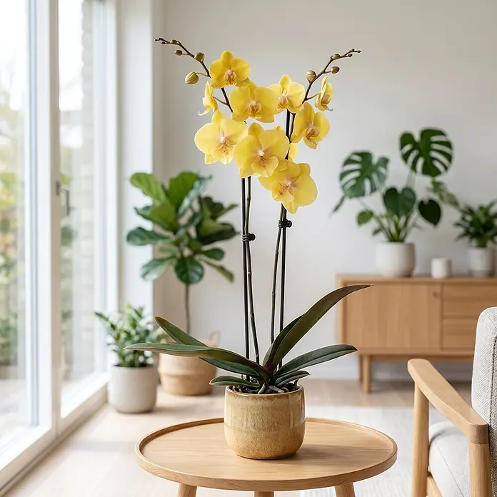 Piardino Schmetterlingsorchidee 2 Risper Gloria - Phalaenopsis Hybride, Topfgröße: 12 cm, Sonnengelb mit orange-gelben Zentrum - Lebhafte gelbe Orchidee in einem beigen Topf auf einem Holztisch, verschönert ein modernes Wohnzimmer.