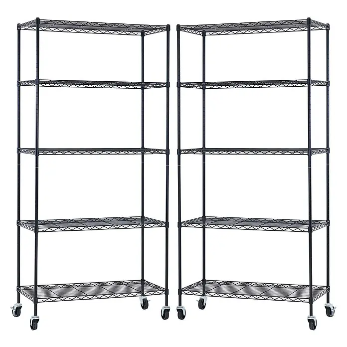 Proregal Metallregal 2er Set Gitterregal HADES mit Rollen - H x B x T: 180 x 90 x 40 cm, Traglast pro Boden: 75 kg, Anzahl Böden: 5 Stk., Stecken, Schwarz - Zwei schwarze Metall-Drahtregale mit je fünf Böden, auf Rollen für Mobilität.