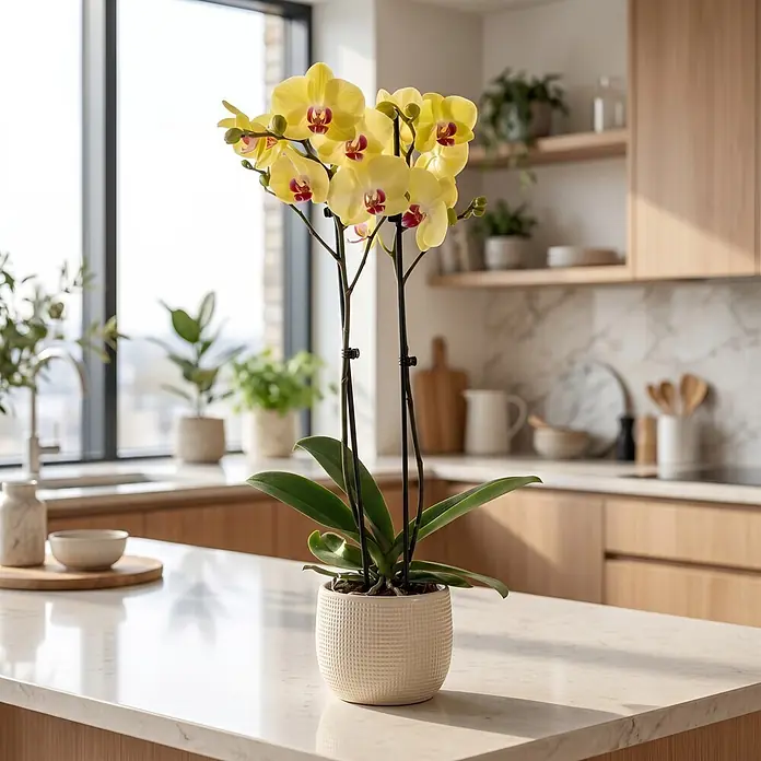 Piardino Schmetterlingsorchidee 2 Risper Limelight - Phalaenopsis Hybride, Topfgröße: 12 cm, Gelb mit rötlich-violettem Zentrum - Eine leuchtend gelbe Orchidee mit roten Zentren in einem strukturierten weißen Topf steht auf einer modernen Küchenarbeitsplatte.