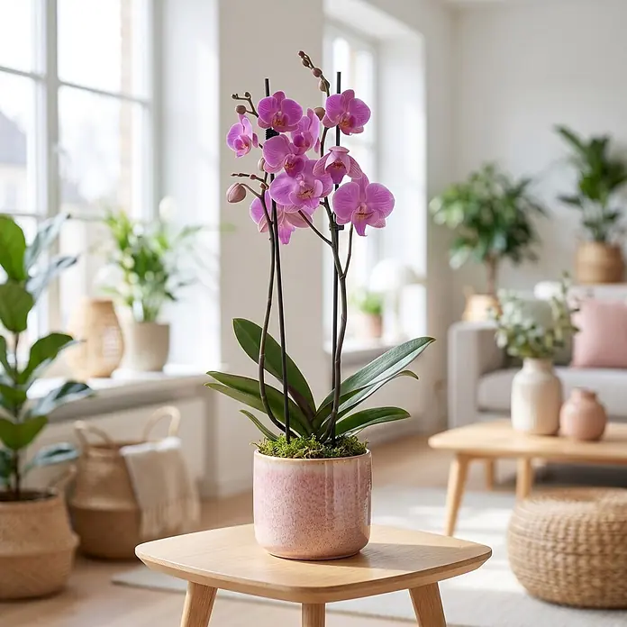 Piardino Schmetterlingsorchidee 2 Risper Simona - Phalaenopsis Hybride, Topfgröße: 12 cm, Violett-pink - Rosa Orchidee mit grünen Blättern in rosafarbenem Keramiktopf auf hellem Holztisch in hellem Wohnzimmer.