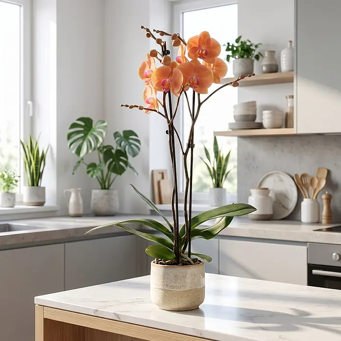 Piardino Schmetterlingsorchidee 2 Risper Menton - Phalaenopsis Hybride, Topfgröße: 12 cm, Apricot-orange mit rosa Einschlag - Eine orange Orchidee in einem zweifarbigen beigefarbenen Topf steht auf einer Kücheninsel, umgeben von Licht und Pflanzen.