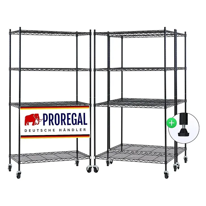 Proregal Metallregal 3er Set Gitterregal HADES mit Rollen - H x B x T: 160 x 90 x 40 cm, Traglast pro Boden: 75 kg, Anzahl Böden: 4 Stk., Stecken, Schwarz - Modulare schwarze Drahtregale mit Rollen und optionalen verstellbaren Nivellierfüßen für vielseitige Lagerlösungen.