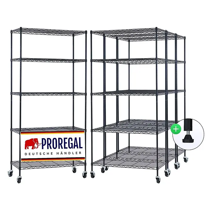 Proregal Metallregal 4er Set Gitterregal HADES mit Rollen - H x B x T: 180 x 90 x 40 cm, Traglast pro Boden: 75 kg, Anzahl Böden: 5 Stk., Stecken, Schwarz - Schwarzes Drahtregal mit Rollen und verstellbaren Füßen.