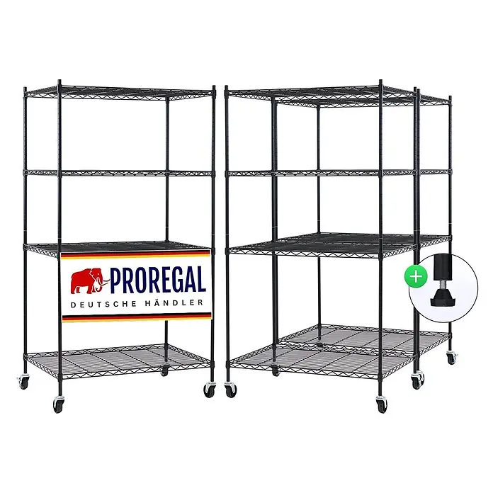 Proregal Metallregal 3er Set Gitterregal HADES mit Rollen - H x B x T: 160 x 90 x 60 cm, Traglast pro Boden: 75 kg, Anzahl Böden: 4 Stk., Stecken, Schwarz - Schwarze modulare Drahtregaleinheiten mit Rollen und optionalen Nivellierfüßen.
