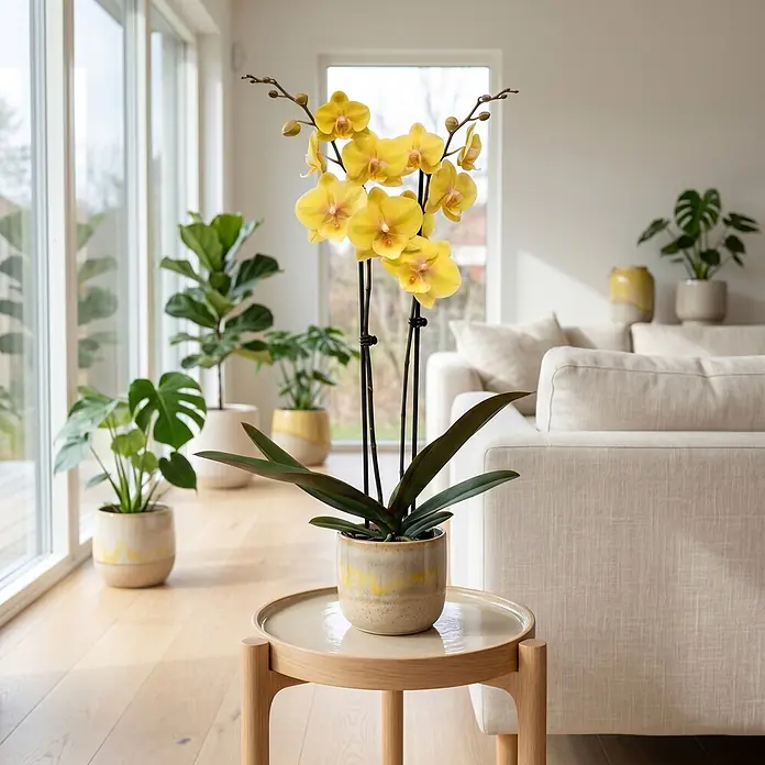 Piardino Schmetterlingsorchidee 2 Risper Gloria - Phalaenopsis Hybride, Topfgröße: 12 cm, Sonnengelb mit orange-gelben Zentrum - Lebhafte gelbe Orchidee in einem creme-gelb gemusterten Topf auf einem hellen Holztisch, die ein modernes Wohnzimmer erhellt.