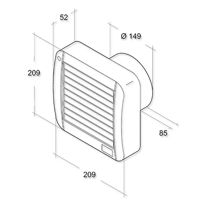 Air-Circle Wandventilator Air Style - Weiß, 15 cm, Timer - Abbildung eines Abluftventilators mit den Maßen 209 x 209 x 52 mm und einem Durchmesser von 149 mm und einer Tiefe von 85 mm.