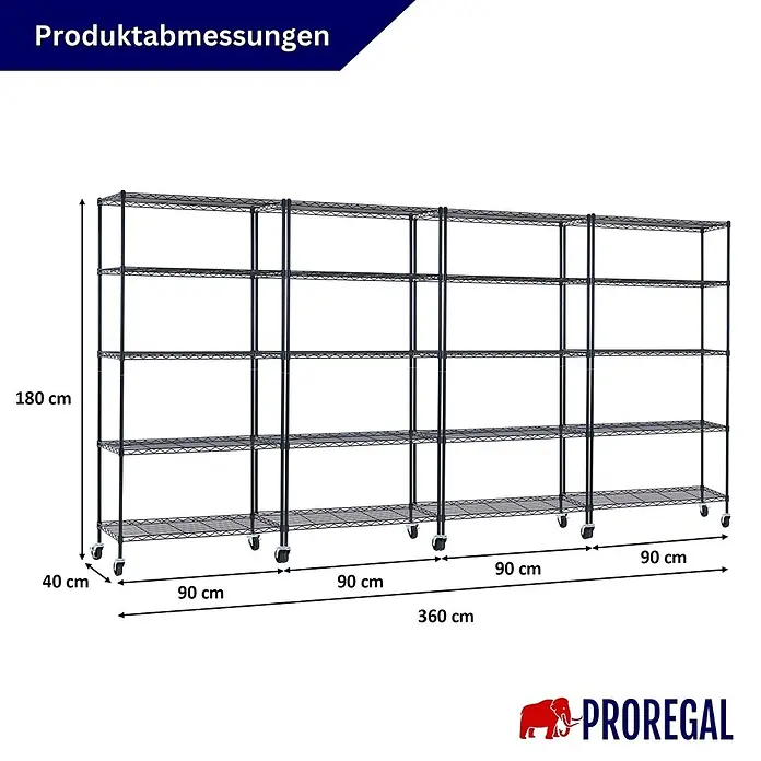 Proregal Metallregal 4er Set Gitterregal HADES mit Rollen - H x B x T: 180 x 90 x 40 cm, Traglast pro Boden: 75 kg, Anzahl Böden: 5 Stk., Stecken, Schwarz - Dunkles Metall-Drahtregal auf Rollen mit mehreren Fächern; Maße: 180 cm hoch, 40 cm tief, 360 cm breit.