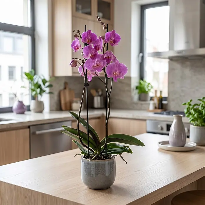 Piardino Schmetterlingsorchidee 2 Risper Simona - Phalaenopsis Hybride, Topfgröße: 12 cm, Violett-pink - Lebendige lila Orchidee in einem grauen Topf auf einer hellen Holzküchenarbeitsplatte, die eine moderne Küche aufwertet.