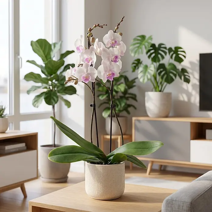 Piardino Schmetterlingsorchidee 2 Risper Mia - Phalaenopsis Hybride, Topfgröße: 12 cm, Schneeweiße mit dezentem violett-gelbem Zentrum - Eine weiß-pinkfarbene Orchidee in einem strukturierten Cremetopf steht auf einem hellen Couchtisch aus Holz und verschönert ein helles Wohnzimmer.