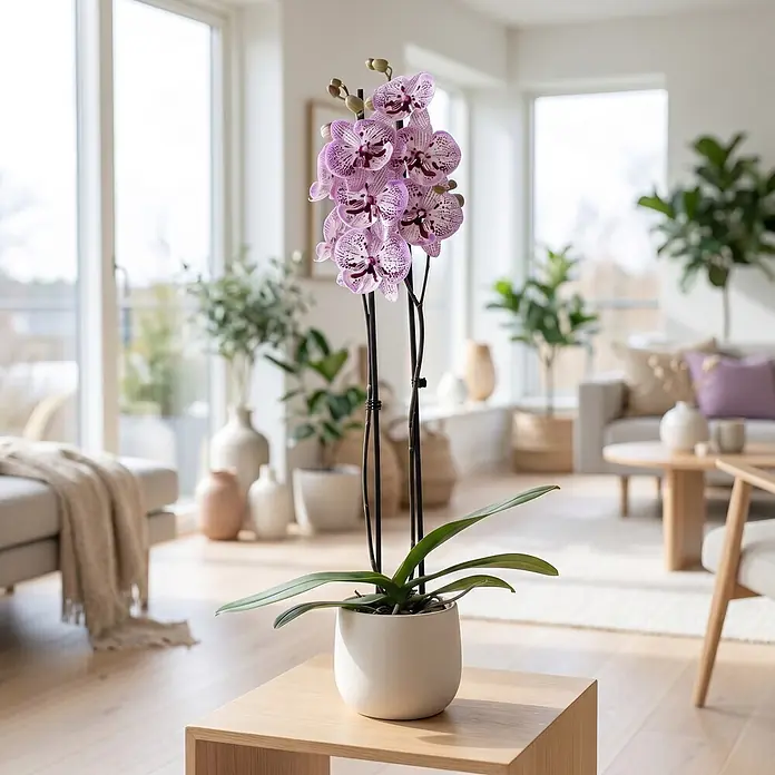 Piardino Schmetterlingsorchidee 2 Risper Grace - Phalaenopsis Hybride, Topfgröße: 12 cm, Weiß mit violett-pinken Sprenkeln - Lila Orchidee im weißen Topf auf einem Holztisch in einem hellen Wohnzimmer.