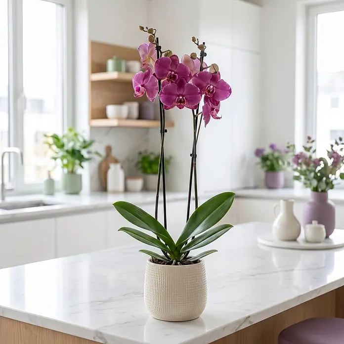 Piardino Schmetterlingsorchidee 2 Risper Malwina - Phalaenopsis Hybride, Topfgröße: 12 cm, Magenta mit helleren Akzenten - Violette Orchidee mit grünen Blättern in einem cremefarbenen strukturierten Topf auf einer weißen Marmor-Kücheninsel.